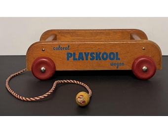 Vintage Playskool Wood Pull Wagon Red Wheels Toy Colorol Mid Century Prop 1950