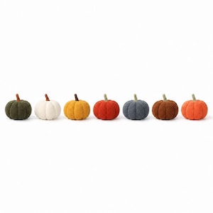 May include: A set of seven small, round, felted fabric pumpkins arranged in a horizontal line. The pumpkins feature various colors including dark green, white, yellow, red, dark gray, brown, and orange, each topped with a small brown stem.