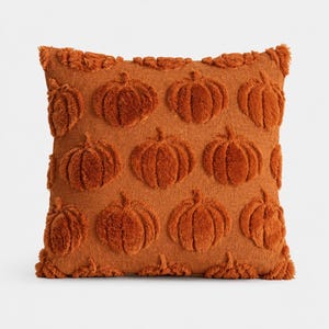 May include: A square throw pillow in a solid burnt orange color featuring a repeating pattern of raised, fuzzy, textured pumpkin shapes across the front surface. The fabric has a soft, plush appearance with a consistent tone throughout the design.