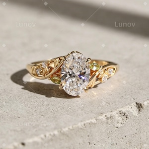 Elven Moissanite Engagement Ring Oval Fairy Ring Vintage Gold Leaf Ring Fantasy Wedding Ring Unique Nature Inspired Jewelry