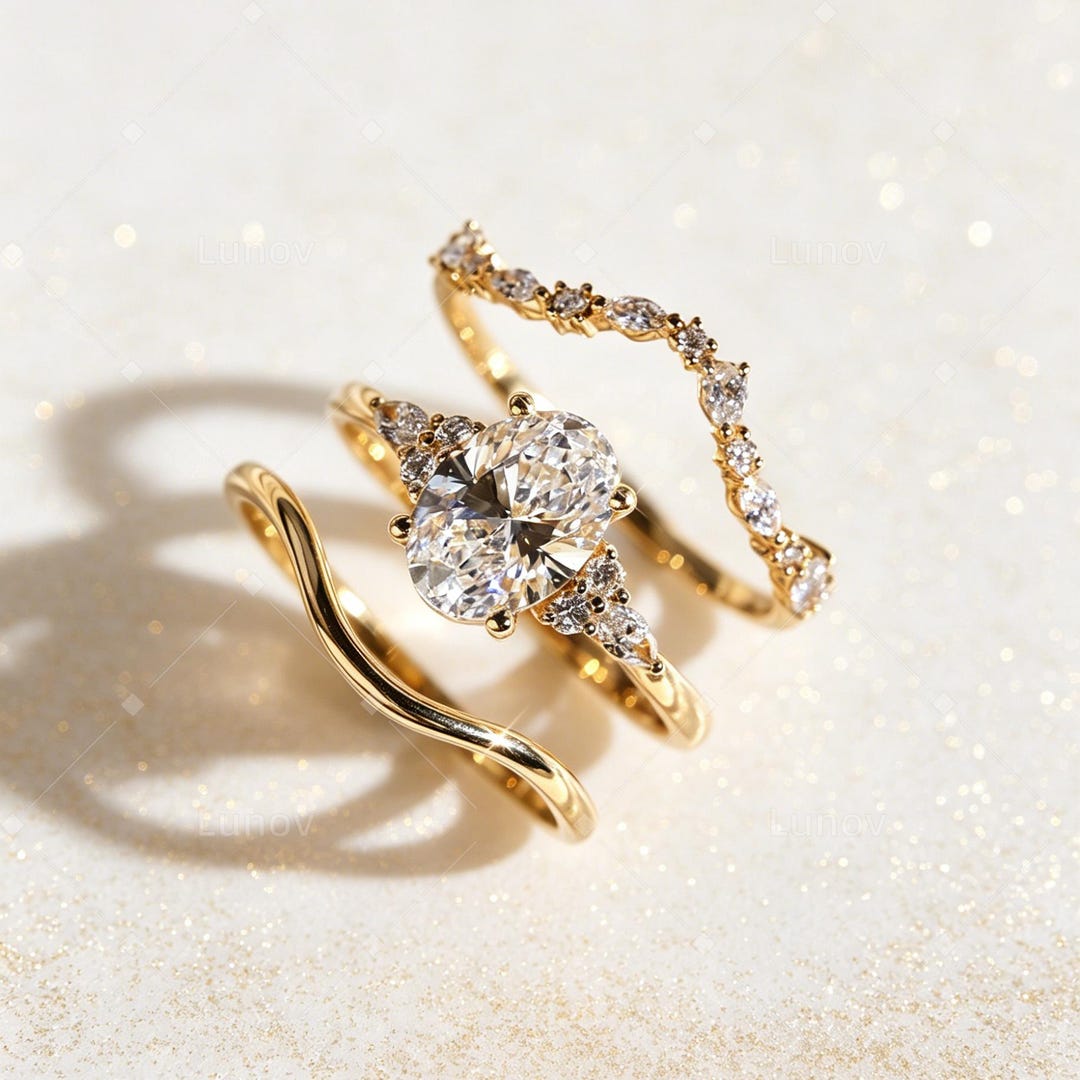 Oval Cut Moissanite Bridal Set Gold Engagement Ring Stackable Wedding ...
