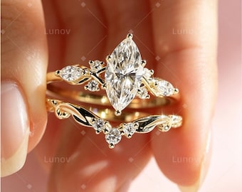 1.5ct Marquise Moissanite Bridal Set Engagement Ring and Wedding Band Set Leaf Vine Nature Inspired Wedding Ring Set for Women
