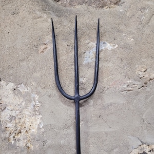 May include: A black, three-pronged pitchfork with a long handle. The tines are evenly spaced and curve slightly. The pitchfork is made of metal and appears to be well-used. The background is a textured, light-colored wall.
