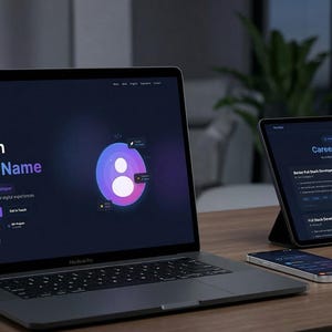 Może przedstawiać: Laptop, tablet i smartfon wyświetlające portfolio strony internetowej na drewnianym biurku. Ekran laptopa wyświetla "Hi, I'm Your Name" z kolorową grafiką. Tablet wyświetla "Career Journey".