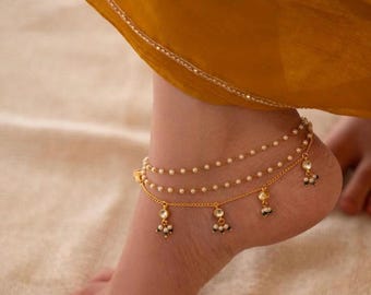 VIANZ Gold Plated Polki Anklet, Multi Layer Pearl Anklet Bracelet, Indian Bridal Foot Jewelry,Traditional Indian Jewelry ,Bollywood Wedding.