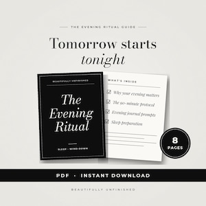 Op de afbeelding: Een digitale gids getiteld The Evening Ritual met een zwarte omslag en witte tekst. De binnenpagina bevat een lijst met inhoud, waaronder waarom uw avond belangrijk is, het 90-minuten protocol, avondjournaal prompts en slaapvoorbereiding.