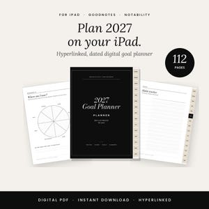 May include: A 2027 digital goal planner for iPad, Goodnotes, and Notability. The black cover features the text 2027 Goal Planner. It includes 112 pages, hyperlinked tabs, a habit tracker, and a wheel chart worksheet for goal setting.