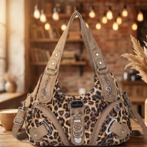 Könnte beinhalten: Eine Handtasche im Hobo-Stil mit braun-schwarzem Leopardenmuster und beigen Kunstlederbesätzen. Die Tasche verfügt über silberfarbene Beschläge, mehrere Reißverschlusstaschen, dekorative Metallringe und eine mittige Plakette mit angsi kiss.