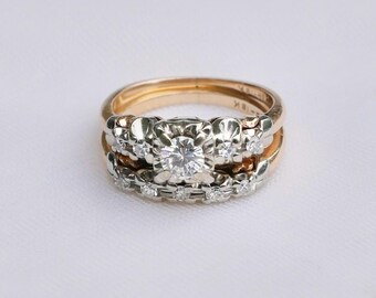 Vintage-Diamant-Brautset | Ehering-Set aus 14- und 18-karätigem Gold | Verlobungsring mit Naturdiamant | Brautset im Mid-Century-Stil | Zweifarbiges Gold