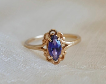 Vintage 10K Gold Tanzanite Ring | Marquise Cut | Floral Setting | Dainty Heirloom Ring | Blue Violet Stone