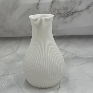 Peut inclure: Un vase blanc avec un corps arrondi et un col étroit, présentant une texture nervurée verticale constante qui s'étend de la base jusqu'au bord évasé. L'objet possède une finition mate et une forme symétrique, se tenant droit avec une ouverture circulaire.