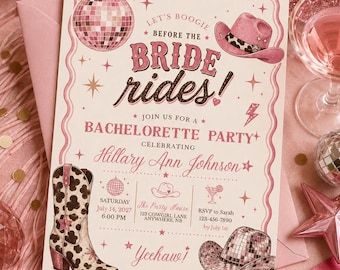 Disco cowgirl sjabloon vrijgezellenfeest uitnodiging, Pink Cowgirl Bach Weekend Party, bewerkbare Canva 5 x 7 afdrukbare download