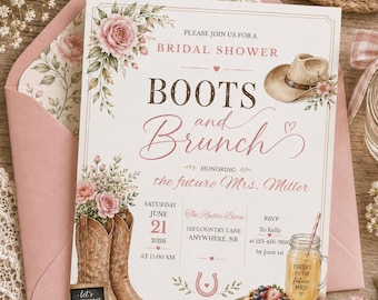 Stiefel und Brunch Brautdusche einladen, Land Brautdusche einladen, rustikales Cowgirl Brautdusche Thema, Canva bearbeitbare 5 x 7 digitaler Download