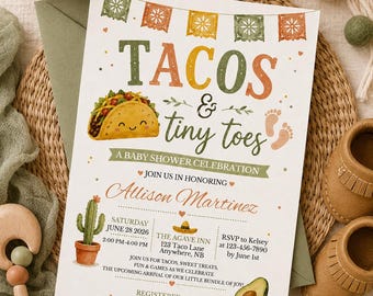 Tacos & Tiny Toes Babypartyeinladungsvorlage, Fiesta Taco Mexikanisches Thema Babyparty, Canva Bearbeitbar 5x7 Digital Download