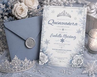 Winter quinceañera uitnodigingssjabloon, sneeuwvlok Sweet 15 uitnodiging, blauw zilver kweepeer uitnodiging, bewerkbare canva 5 x 7 digitale download