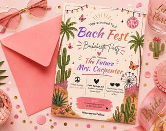 Uitnodiging vrijgezellenfeest Bach Fest, muziekfestival geïnspireerd Palm Springs bruidsweekend, bewerkbare Canva 5 x 7 digitale download