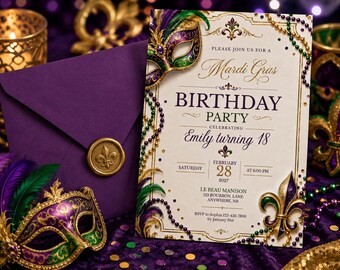 Sjabloon Mardi Gras-verjaardagsuitnodiging, Masquerade New Orleans paars goud groen uitnodiging, bewerkbare Canva 5 x 7 digitale download