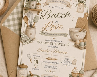 Batch of Love baby bakken babyshower uitnodigen, rustieke keuken babyshower, neutrale babyshower uitnodigen, bewerkbare canva 5 x 7 digitale download