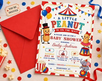 Een beetje pinda is onderweg babyshower uitnodiging, circus pinda thema, canva bewerkbare 5 x 7 digitale download