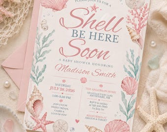 Invito per baby shower a tema "Shell Be Here Soon", tema spiaggia e oceano, download digitale modificabile su Canva, formato 5x7.