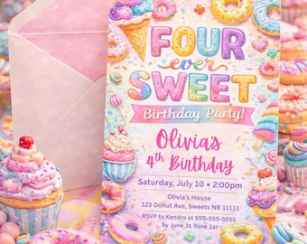 Puede incluir: Una colorida invitación de fiesta de cumpleaños con el texto "FOUR ever SWEET Birthday Party!" y "Olivia's 4th Birthday." La invitación está rodeada de cupcakes, donuts y caramelos, creando un tema dulce.