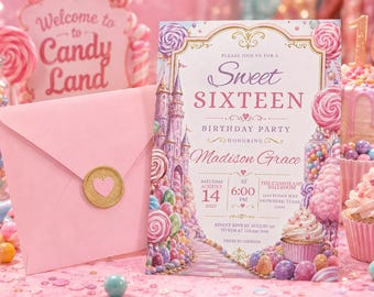 Candyland Sweet 16 Invitation Template, Pink Candy Party Canva Invitation, Editable Canva 5x7 Digital Download