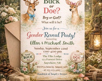 Buck oder Doe Gender Reveal Einladungsvorlage, Hirsch Baby Reveal Einladen, Woodland Gender Reveal, Junge oder Mädchen, bearbeitbare Canva Vorlage
