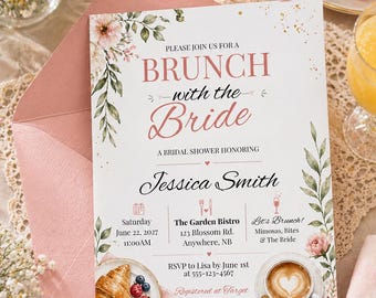 Brunch met de bruid uitnodigingssjabloon, elegante bloemen bruids douche, mimosa-brunch uitnodiging, canva bewerkbare download van 5 x 7