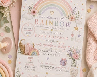 Rainbow Baby Shower Invitation, Pastel Rainbow Baby Shower Invite, Gender Neutral Rainbow Baby Invite, Canva Editable 5x7 Digital Download