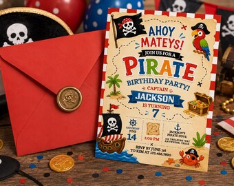 Modello di invito di compleanno a tema pirati, invito di compleanno "Pirata Ahoy, compagno!", download digitale modificabile su Canva 5x7