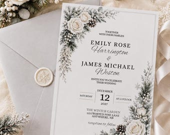 Winter Wedding Invitation Template, Elegant Snowy Floral Wedding Invitation, Editable Canva 5x7 Digital Download