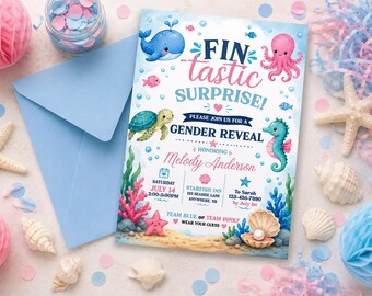 Fin-tastic Surprise gender Reveal-uitnodiging, Ocean Under the Sea-thema gender Reveal-uitnodiging, bewerkbare canva 5 x 7 digitale download