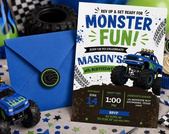 Modello di invito di compleanno a tema Monster Truck, invito per festa a tema Monster Jam con camion gigante, download digitale modificabile su Canva 5x7