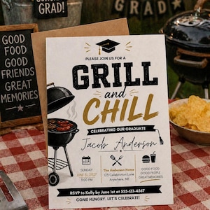 May include: A graduation party invitation with the text "GRILL and CHILL" and details for a celebration. The invitation is on a red and white checkered tablecloth, with a grill and chips in the background.