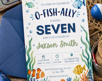 O-Fish-Ally Birthday Invitation Template, Fishing Birthday Party Invite, Under the Sea Kids Party, Canva Editable, 5x7 Digital Download