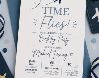 Time Flies vliegtuig verjaardagsfeestje uitnodigen, reisthema verjaardagsuitnodiging volwassene of kind, bewerkbare Canva 5 x 7 download afdrukbare sjabloon