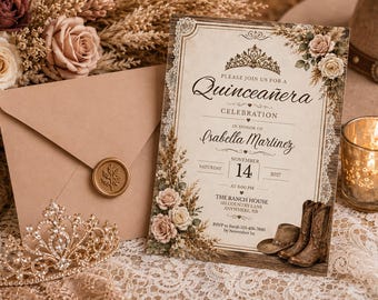 Rustieke uitnodigingssjabloon voor quinceañera, bewerkbare Boho Western Floral Sweet 15 Canva Invite, bewerkbare Canva 5 x 7 digitale download