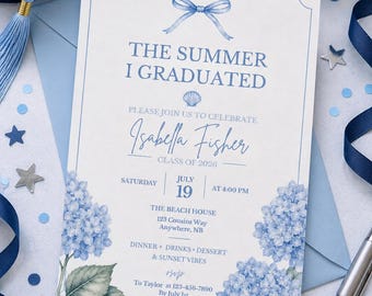 The Summer I Graduated Invitation, Coastal Blue Hydrangea Beach House Graduation Invite, Editable Canva 5x7 Digital Download Printable