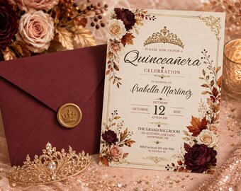 Herfst uitnodiging sjabloon quinceañera, herfst Sweet 15 uitnodigen, Bourgondische bloemen kweepeer Canva uitnodiging, bewerkbare Canva 5 x 7 digitale download