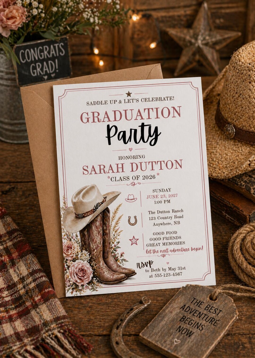 Rustic Country Western Grad Party Invite, Cowgirl Graduation Party ...