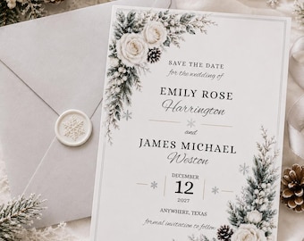 Winter Wedding Save the Date Template, Winter Floral Wedding Announcement, Elegant Snowy Wedding Card, Editable Canva 5x7 Digital Download