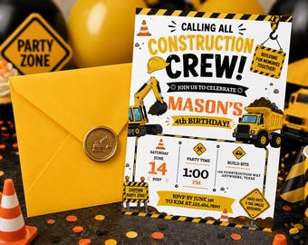 Invito di compleanno per operai edili, Invito di compleanno per squadra di costruzione, Autocarro con cassone ribaltabile ed escavatore, Download digitale modificabile su Canva 5x7