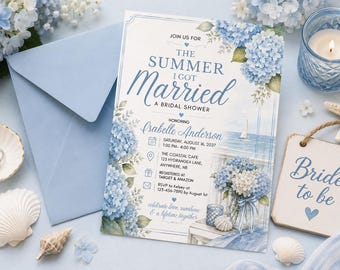 The Summer I Got Married bruids douche uitnodiging, kust blauwe hortensia bruids douche uitnodiging, Canva bewerkbare 5 x 7 digitale download