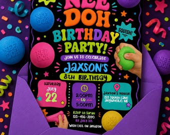 Nee Doh Birthday Party Invitation Template, Squish Colorful Neon Kids Birthday Party Invitation, Editable Digital Download Canva Invite 5x7