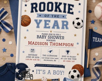 Invito per baby shower a tema "Rookie of the Year", baby shower sportivo "MVP", baby shower a tema sportivo per maschietto, download digitale modificabile su Canva in formato 5x7.
