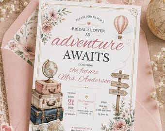 Adventure Awaits Bridal Shower Invitation Template, Travel Wanderlust Bridal Shower Invitation, Canva Editable 5x7 Digital Download
