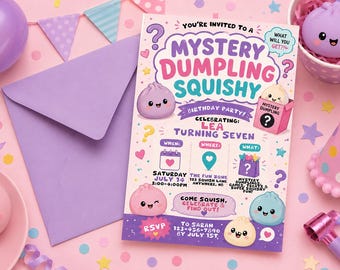 Mysterieuze knoedel squishy verjaardagsuitnodiging, kawaii schattig squishy verjaardagsthema, bewerkbare digitale download canva uitnodiging 5 x 7
