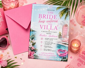 De bruid is de vrijgezellenuitnodiging van de villa binnengegaan, op Love Island geïnspireerd tropisch bruidsweekend, bewerkbare Canva 5 x 7 digitale download