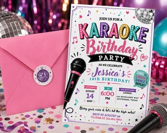 Invito di compleanno per karaoke, invito per festa di canto, compleanno musicale per bambini, download digitale modificabile su Canva 5x7