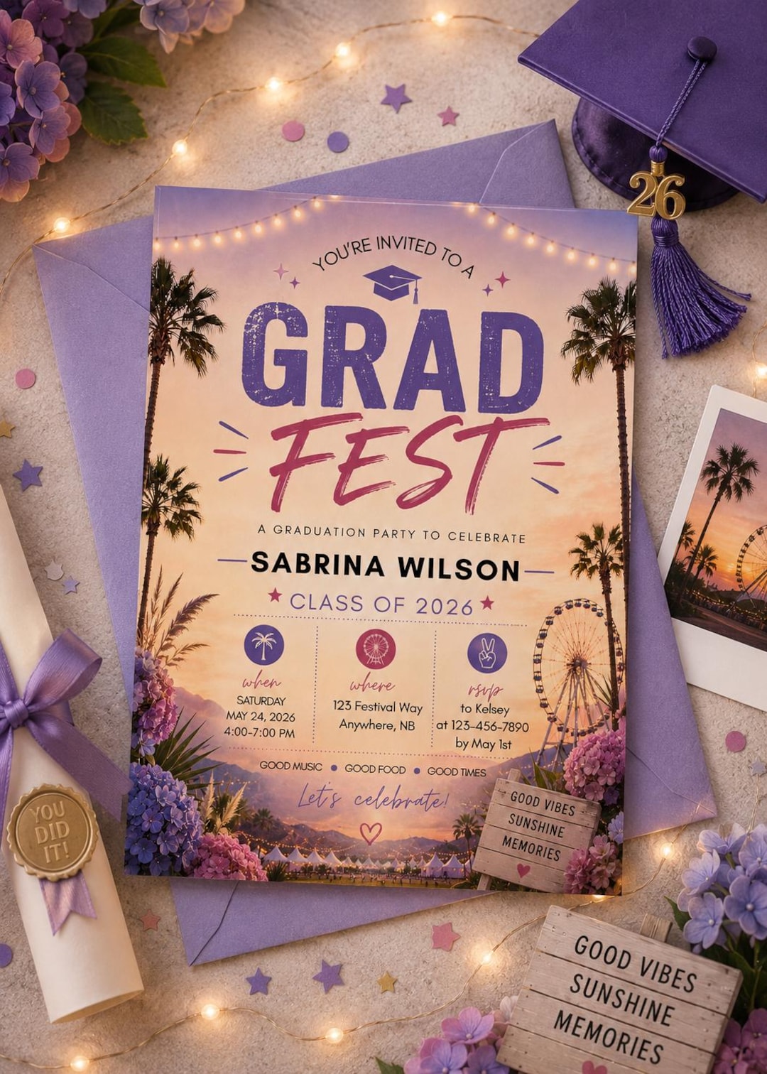 Grad Fest Grad Fest Graduation Party Invitation Template, Music Festival Theme ...